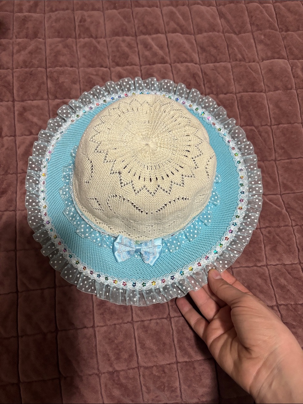 Girls' Blue and Cream Sun Hat with Lace Trim